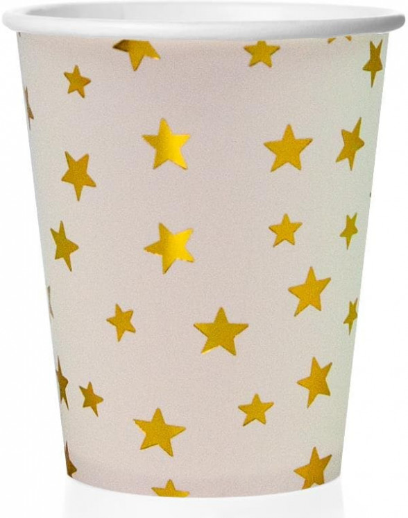 Стаканы (250 мл) Золотые звезды, Белый/Золото, Металлик, 6 шт. - в магазине «ШарикClub»