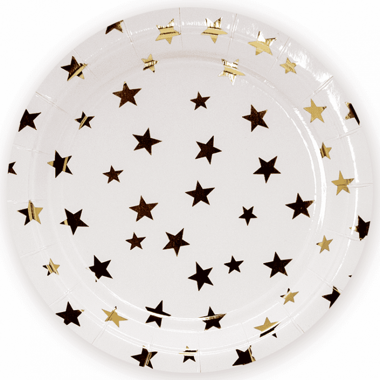 Тарелки (7''/18 см) Золотые звезды, Белый/Золото, Металлик, 6 шт. - в магазине «ШарикClub»