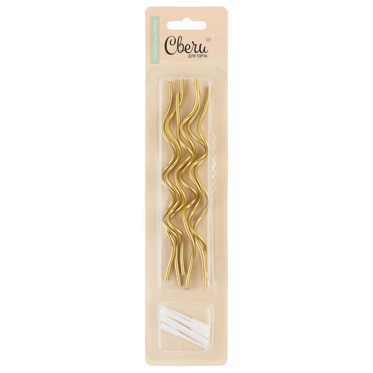 Свечи Коктейльные, Тонкие спирали, Золото, Металлик, 0,3*14,5 см, 6 шт. с держат.,