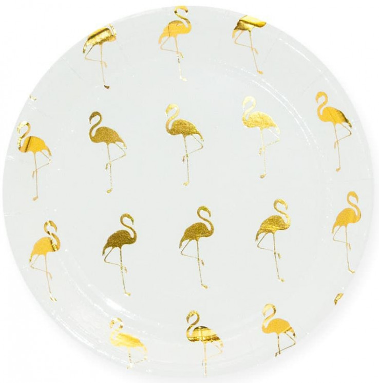 Тарелки (9''/23 см) Золотой фламинго, Белый, Металлик, 6 шт. - в магазине «ШарикClub»