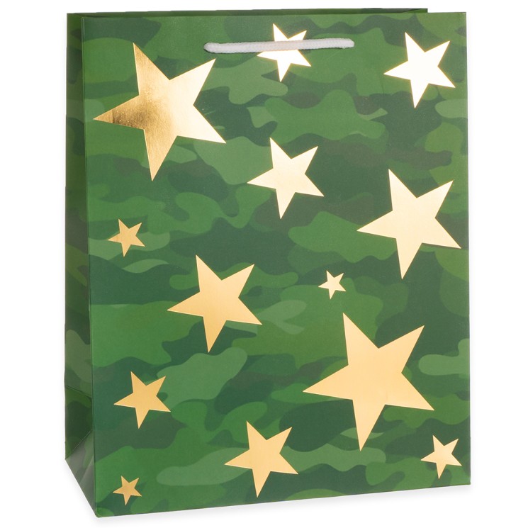 Пакет подарочный, 210гр, Золотые звезды, Камуфляж, Металлик, 41*31*12 см