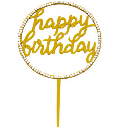 Топпер в торт, Happy Birthday (кристаллы), Золото