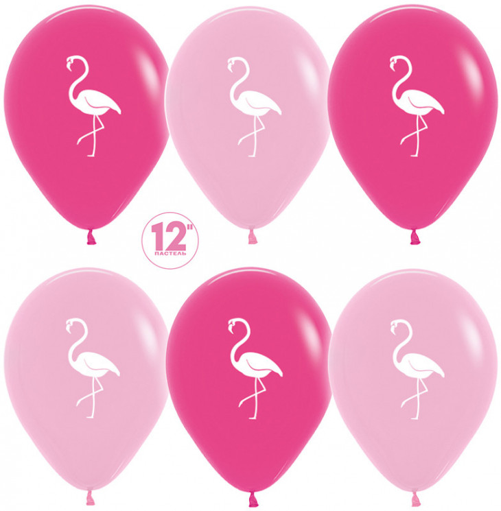 Шар (12''/30 см) Фламинго и листья, Фуше (012)/Розовый (009), пастель, 5 ст - в магазине «ШарикClub»