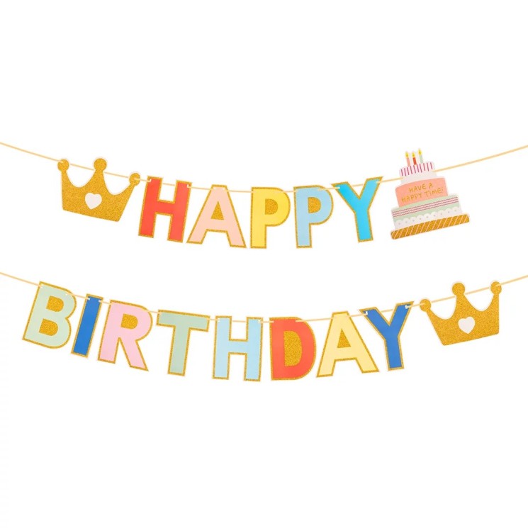 Гирлянда Happy Birthday (разноцветные буквы и короны), с блестками, 200 см
