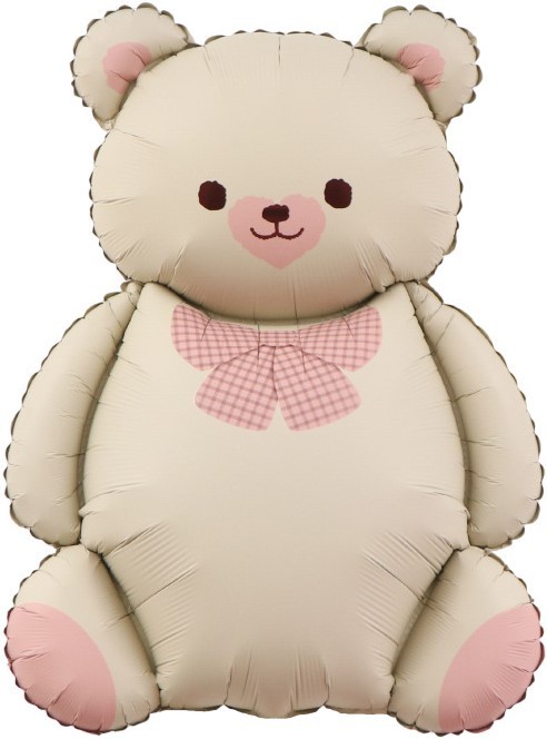 Шар (35''/89 см) Фигура, Мишка с бантом, Бежевый/Розовый, Сатин