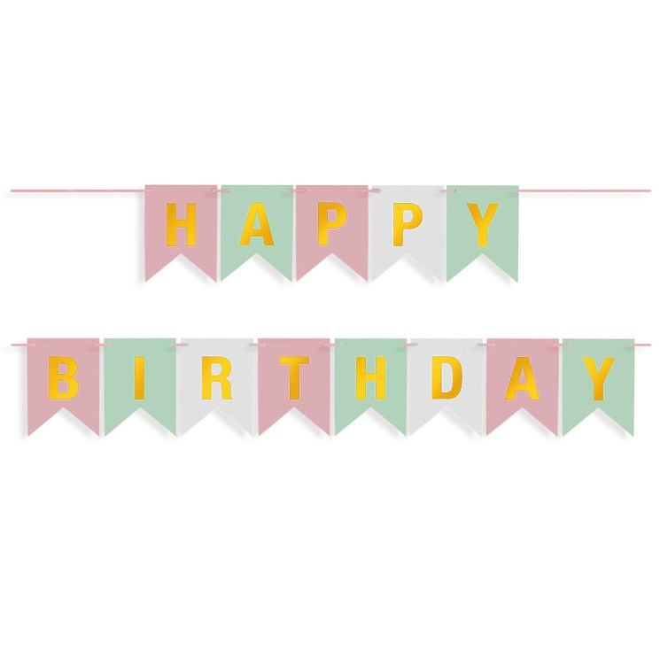 Гирлянда Флажки, Happy Birthday, Пастельный микс/Золото, Металлик, 500 см, 16*12 см