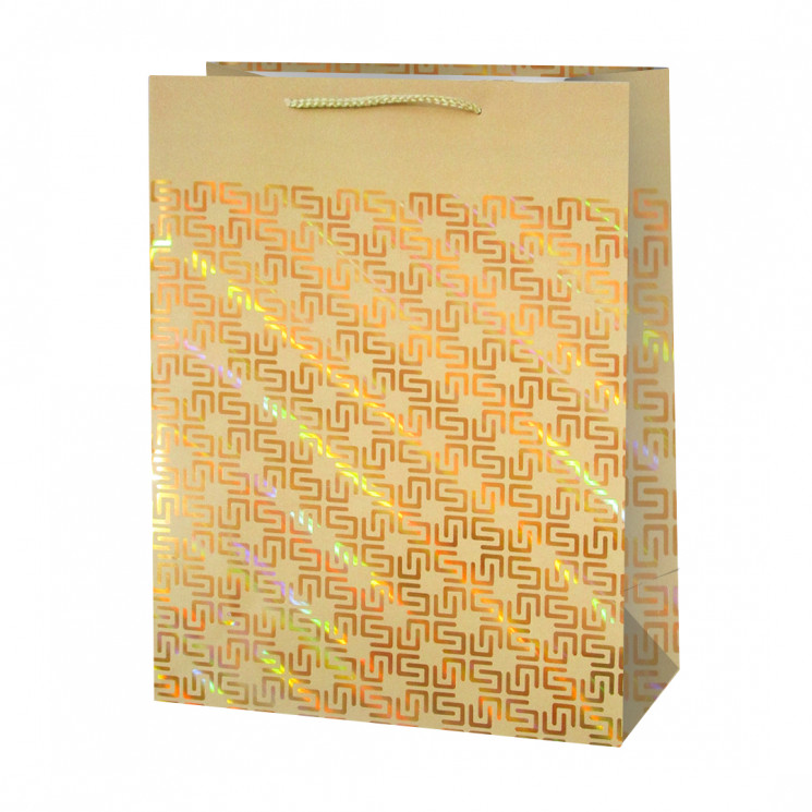 Пакет подарочный, Золотой узор на бежевом, Дизайн №3, Металлик, 32*26*10 см