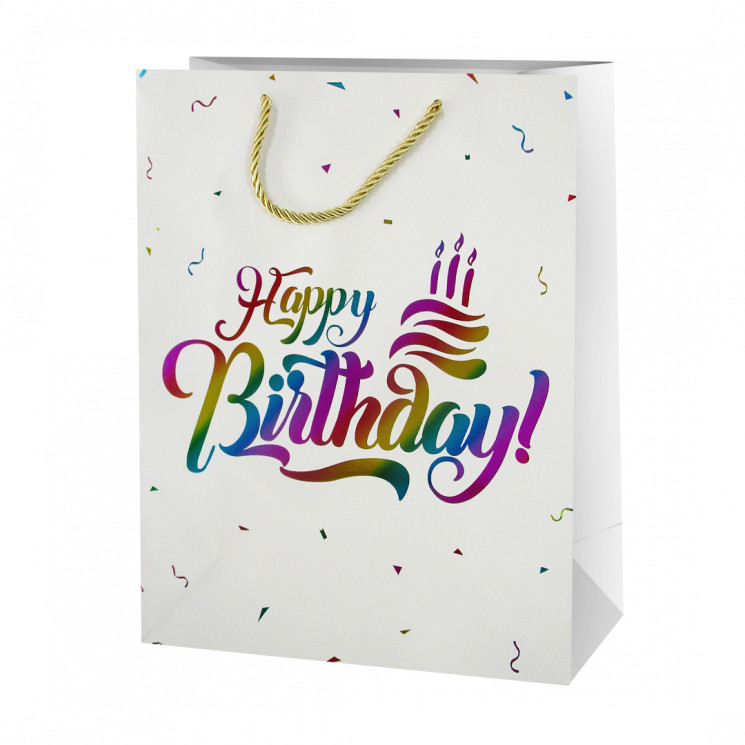 Пакет подарочный, С Днем Рождения (радужный перелив), Дизайн №1, Металлик, 41,5*30*12 см