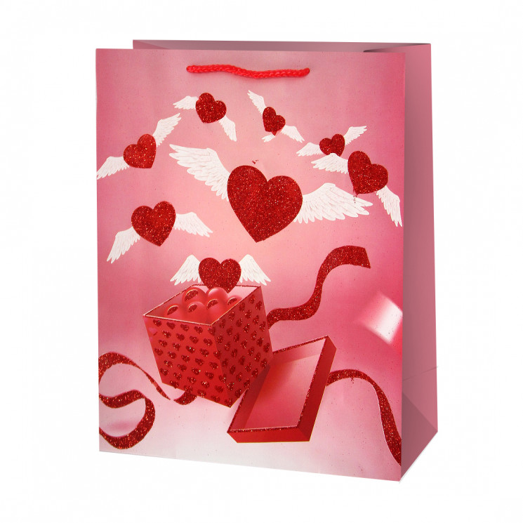 Пакет подарочный, Воздушные шары-сердечки, Дизайн №4, с блестками, 23*18*8,5 см